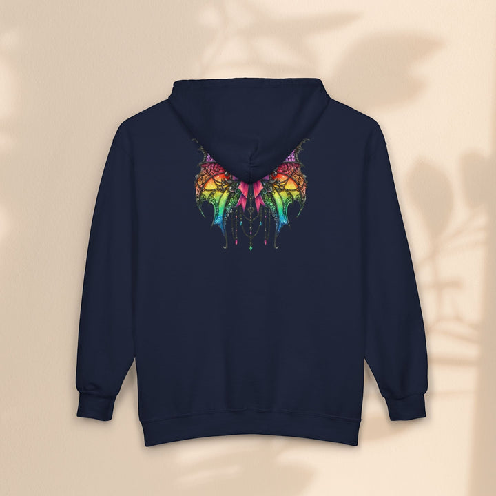 Sea Dragon Dreams navy blue full zip hoodie featuring a colorful spider bow graphic on the back