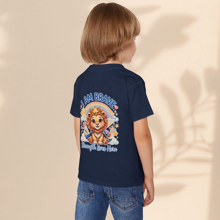 Sea Dragon Dreams toddler t-shirt in navy blue cotton with a Leo Lion graphic and I Am Brave text on the back