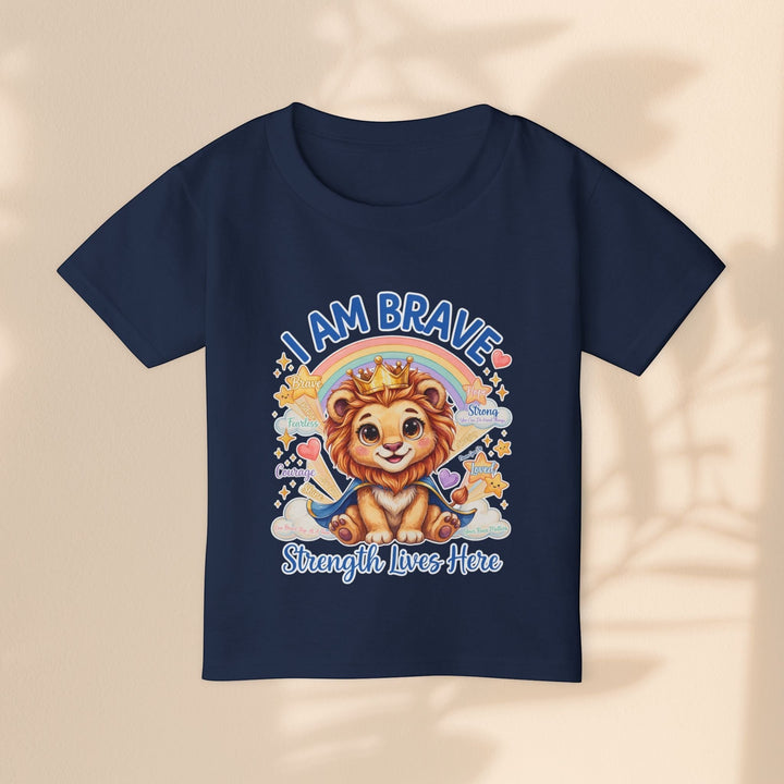 Sea Dragon Dreams navy blue cotton toddler t-shirt featuring a cute lion wearing a crown and the text I Am Brave