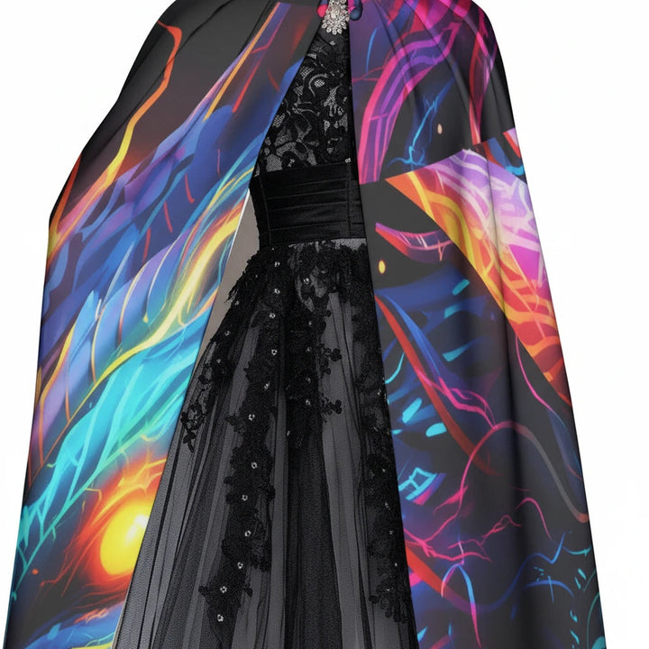 Sea Dragon Dreams unisex hooded cloak featuring vibrant neon dragon artwork on soft microfiber fabric.