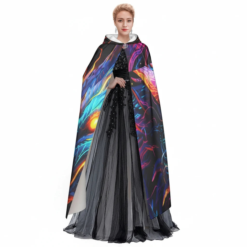 Sea Dragon Dreams unisex hooded cloak featuring a vibrant neon dragon print on soft microfiber fabric for cosplay.