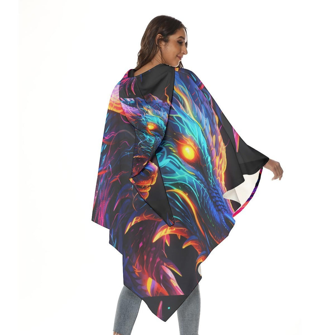 Sea Dragon Dreams unisex hooded cloak featuring a vibrant neon dragon print on black polyester fabric
