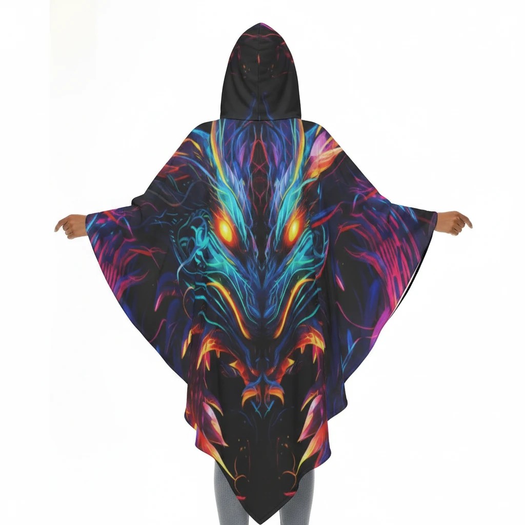 Sea Dragon Dreams unisex hooded cloak featuring a vibrant neon dragon graphic on a black polyester fabric background.