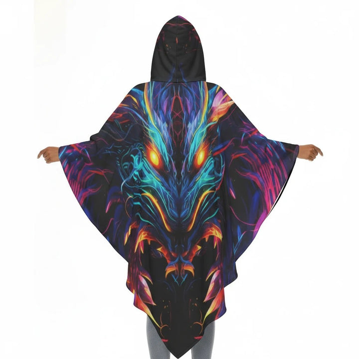 Sea Dragon Dreams unisex hooded cloak featuring a vibrant neon dragon graphic on a black polyester fabric background.