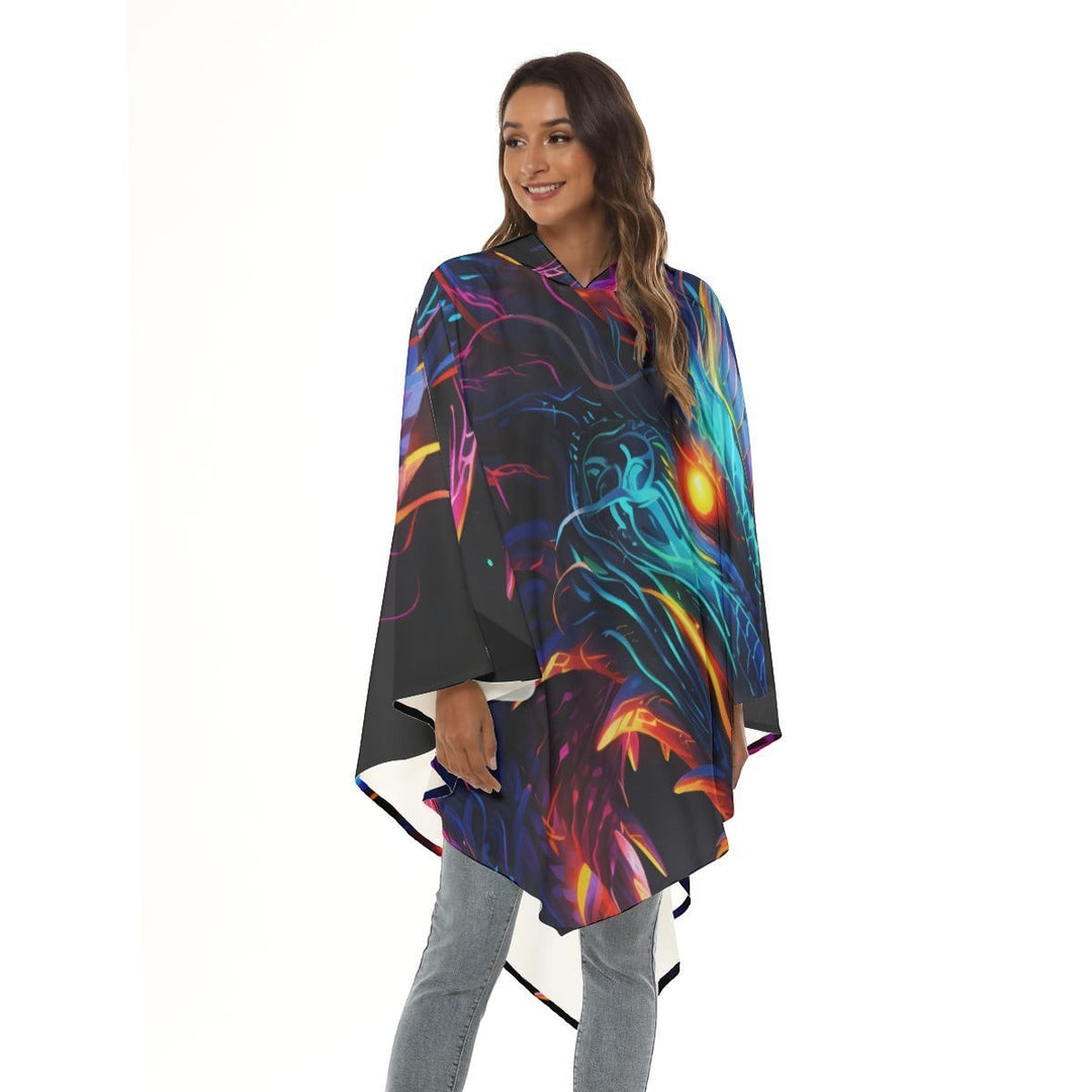 Sea Dragon Dreams unisex hooded cloak featuring a vibrant neon dragon graphic on lightweight polyester fabric