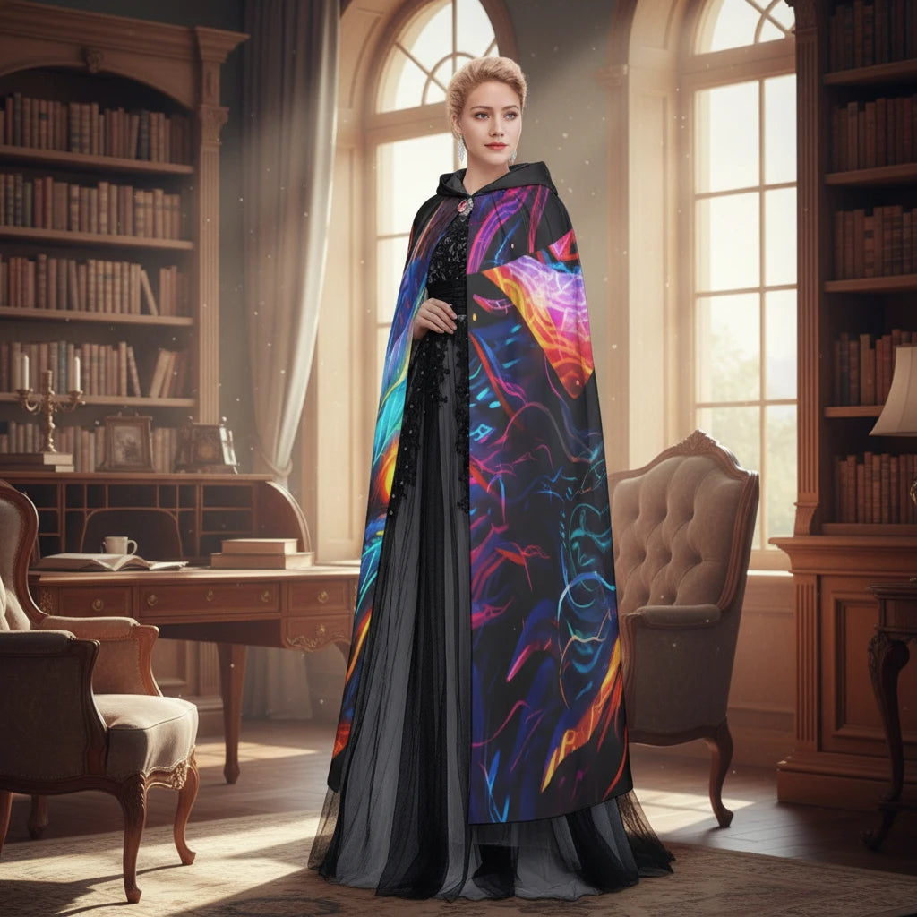 Woman wearing a Sea Dragon Dreams neon dragon hooded microfiber cloak in a classic library setting.