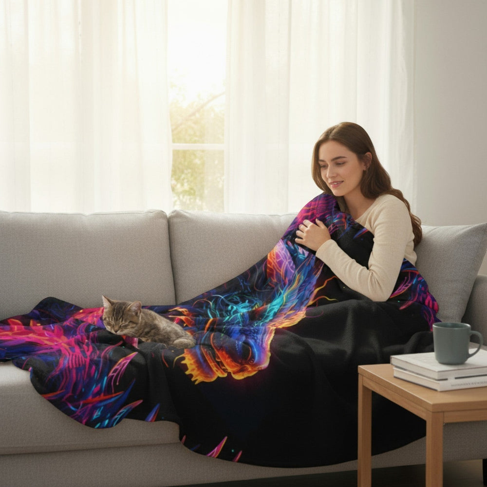 Woman sitting on a grey sofa with a Sea Dragon Dreams neon dragon sherpa fleece blanket and a cat