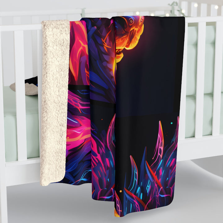 Sea Dragon Dreams neon dragon sherpa fleece blanket with vibrant pink and blue fantasy art and soft white lining