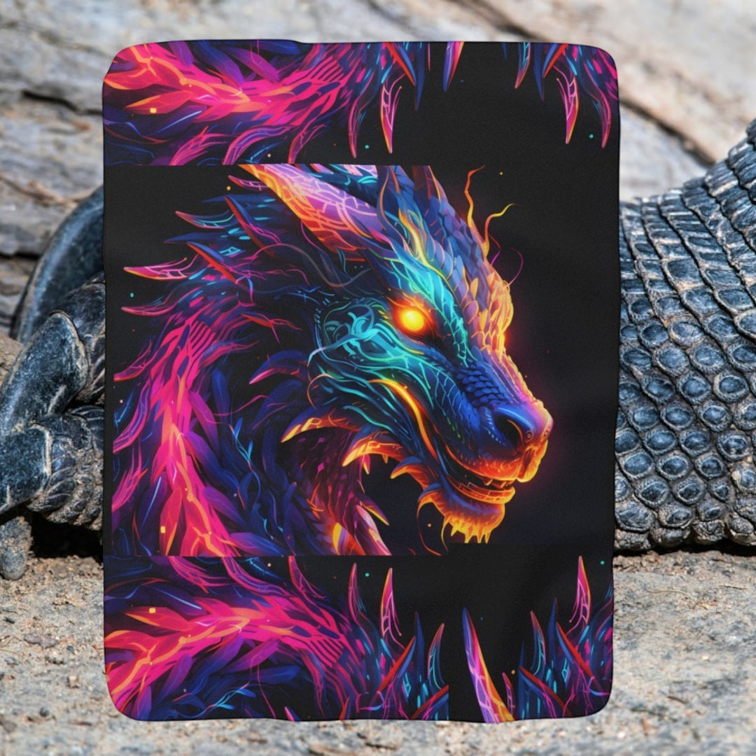 Sea Dragon Dreams sherpa fleece blanket featuring vibrant neon dragon fantasy artwork on a soft polyester throw
