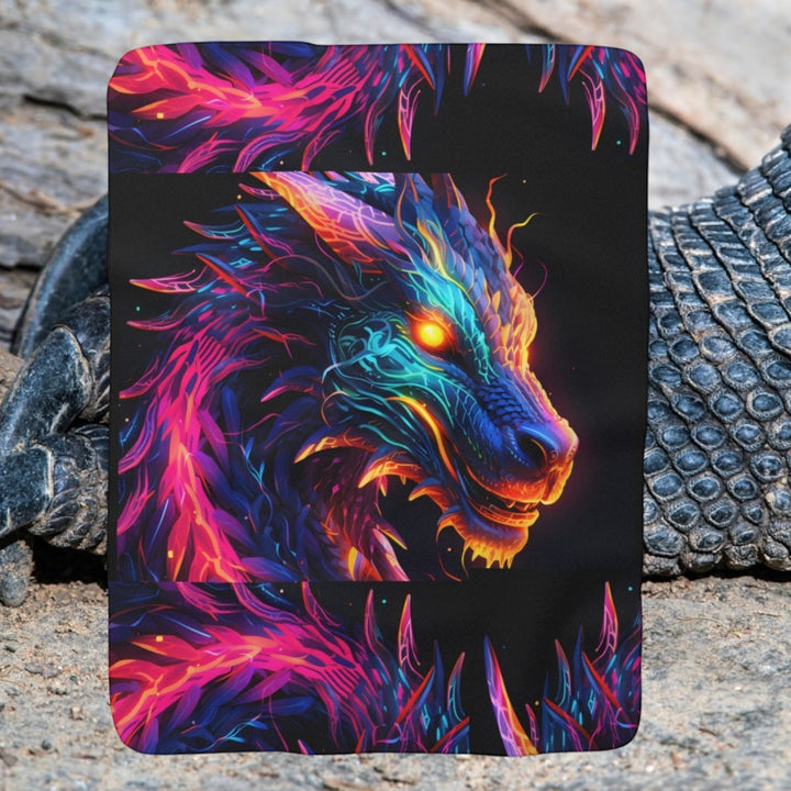 Sea Dragon Dreams sherpa fleece blanket featuring vibrant neon dragon fantasy artwork on a soft polyester throw