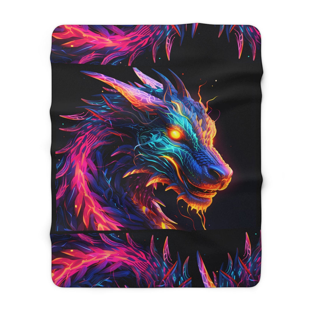 Sea Dragon Dreams neon dragon sherpa fleece blanket featuring vibrant fantasy artwork on a soft black background.