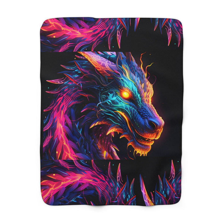 Sea Dragon Dreams neon dragon sherpa fleece blanket with vibrant fantasy artwork on a black background.