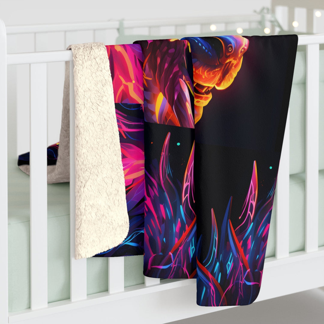 Sea Dragon Dreams neon dragon sherpa fleece blanket with vibrant fantasy art and soft white plush lining on a crib.