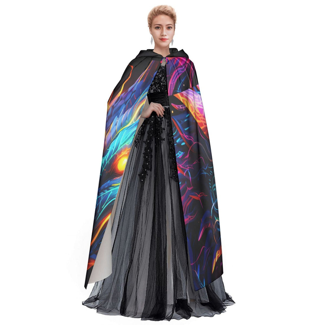 Sea Dragon Dreams unisex hooded cloak featuring vibrant neon dragon artwork on soft microfiber fabric for cosplay.