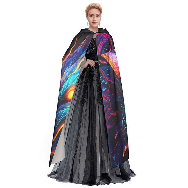 Sea Dragon Dreams unisex hooded cloak featuring vibrant neon dragon artwork on soft microfiber fabric for cosplay.