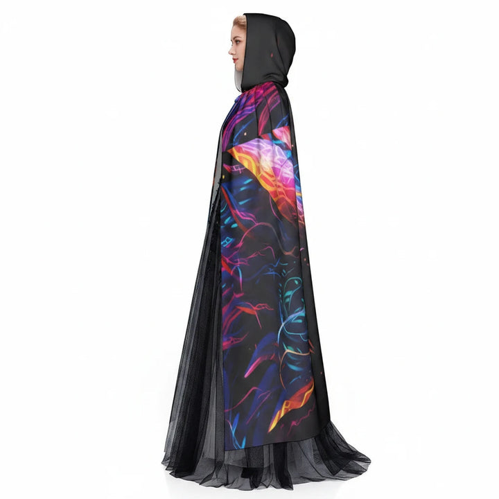 Sea Dragon Dreams unisex hooded cloak featuring a vibrant neon dragon print on soft microfiber with a black hood