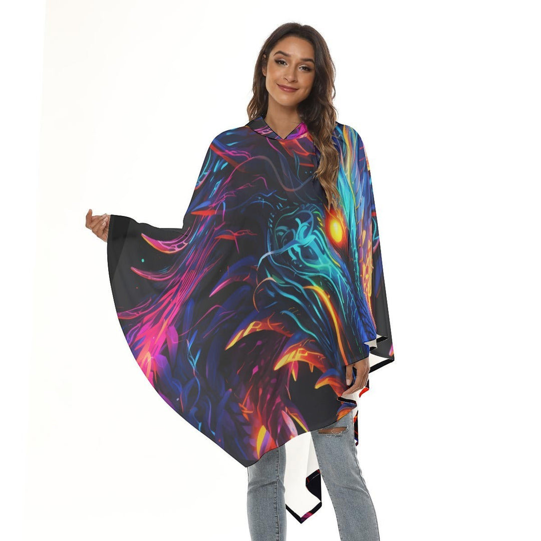 Sea Dragon Dreams unisex hooded cloak featuring a vibrant neon dragon graphic on lightweight polyester fabric
