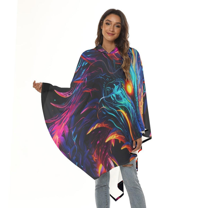 Sea Dragon Dreams unisex hooded cloak featuring a vibrant neon dragon graphic on lightweight polyester fabric