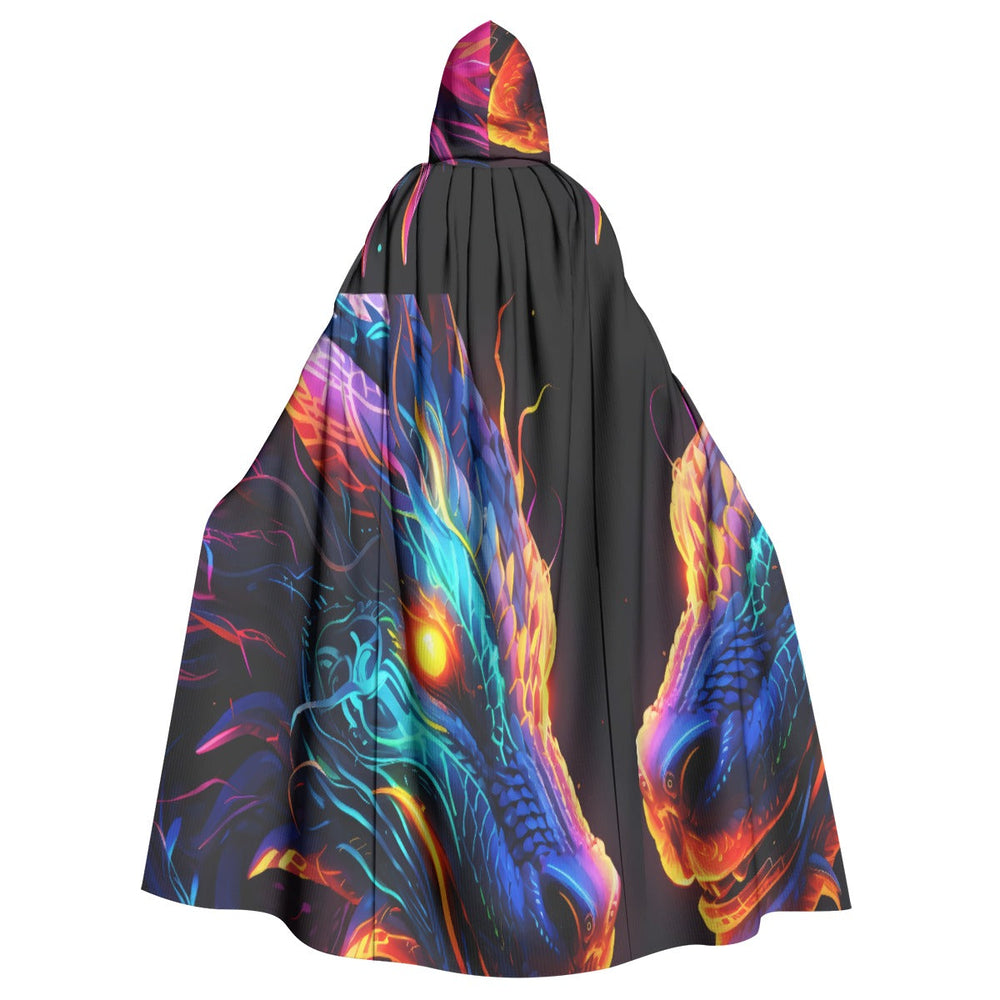 Sea Dragon Dreams unisex hooded cloak featuring a vibrant neon dragon design on soft black microfiber fabric.