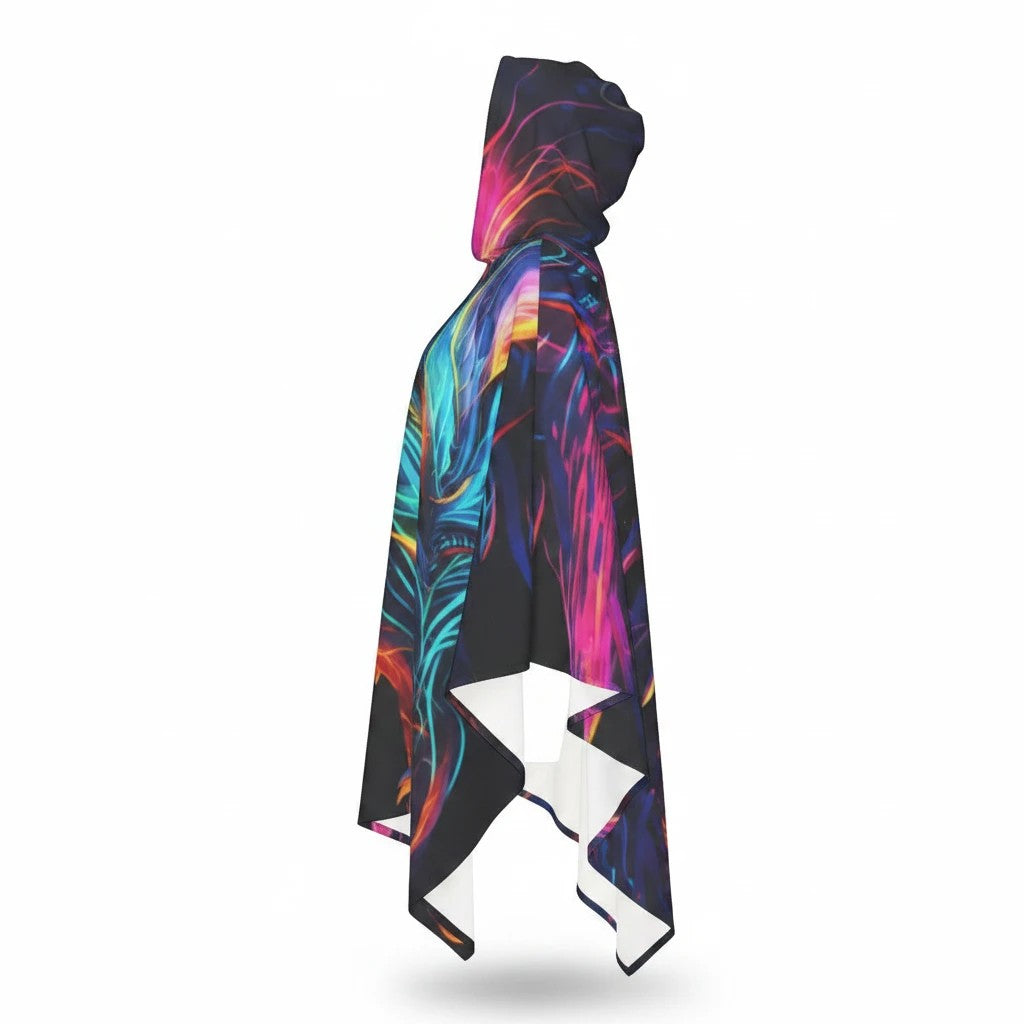 Sea Dragon Dreams neon dragon hooded cloak with vibrant multi-colored fantasy graphic print on black polyester fabric