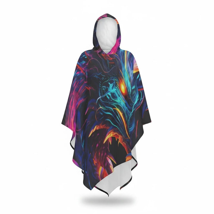 Sea Dragon Dreams unisex hooded cloak featuring a vibrant neon dragon graphic print on lightweight polyester fabric.