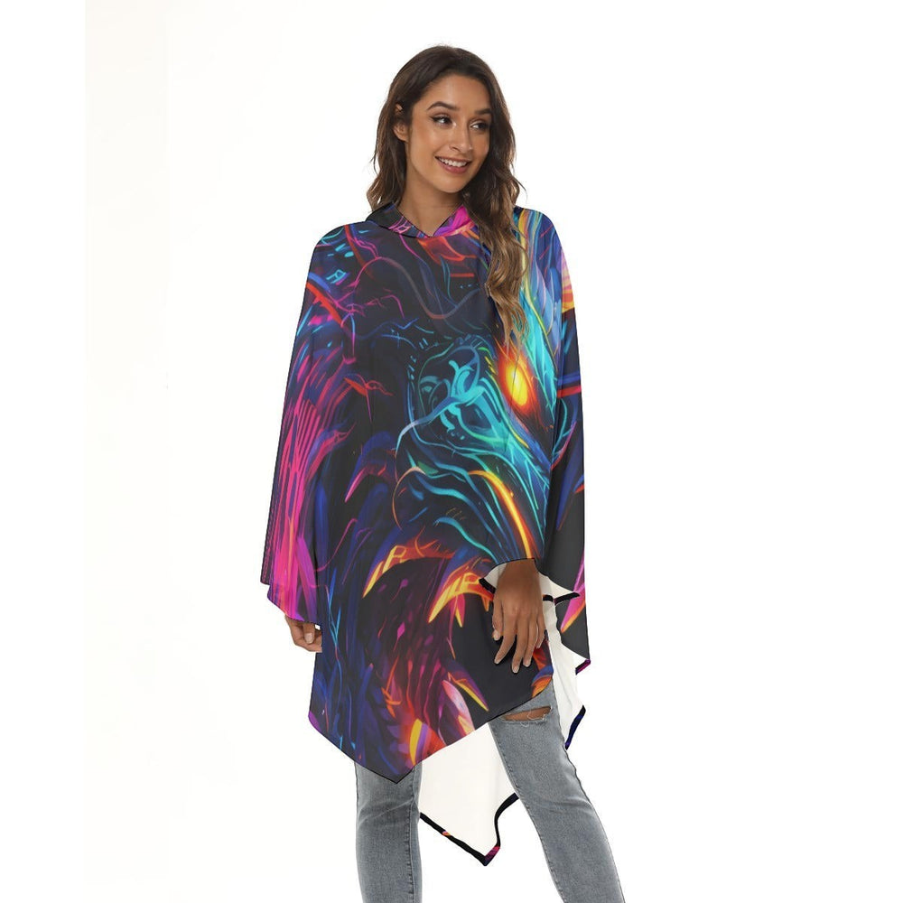 Sea Dragon Dreams unisex hooded cloak featuring a vibrant neon dragon graphic print on lightweight polyester fabric