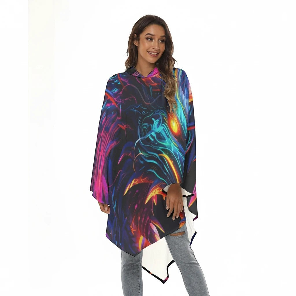 Sea Dragon Dreams unisex hooded cloak featuring a vibrant neon dragon graphic print on lightweight polyester fabric