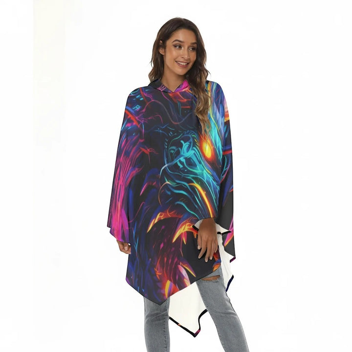 Sea Dragon Dreams unisex hooded cloak featuring a vibrant neon dragon graphic print on lightweight polyester fabric