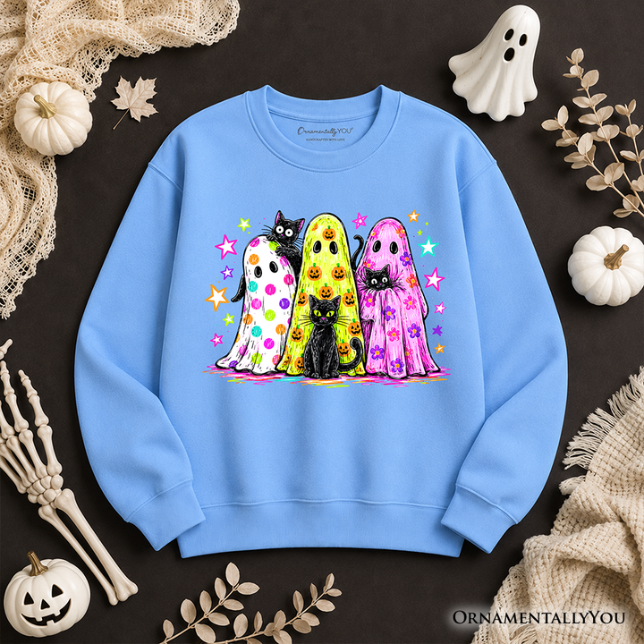 Sea Dragon Dreams light blue sweatshirt featuring colorful ghosts and black cats with neon-inspired patterns