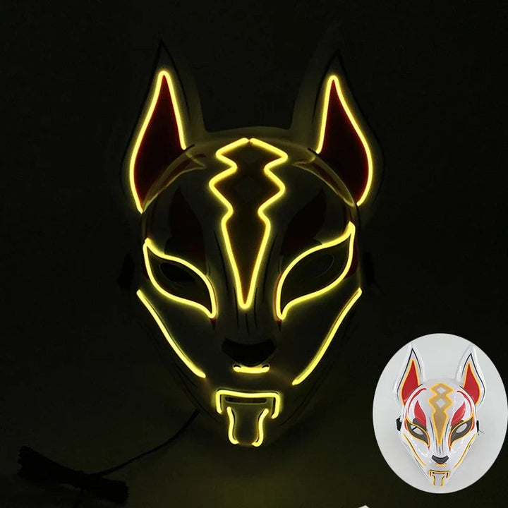Sea Dragon Dreams neon LED Kitsune fox mask with glowing yellow EL wire detailing against a dark background