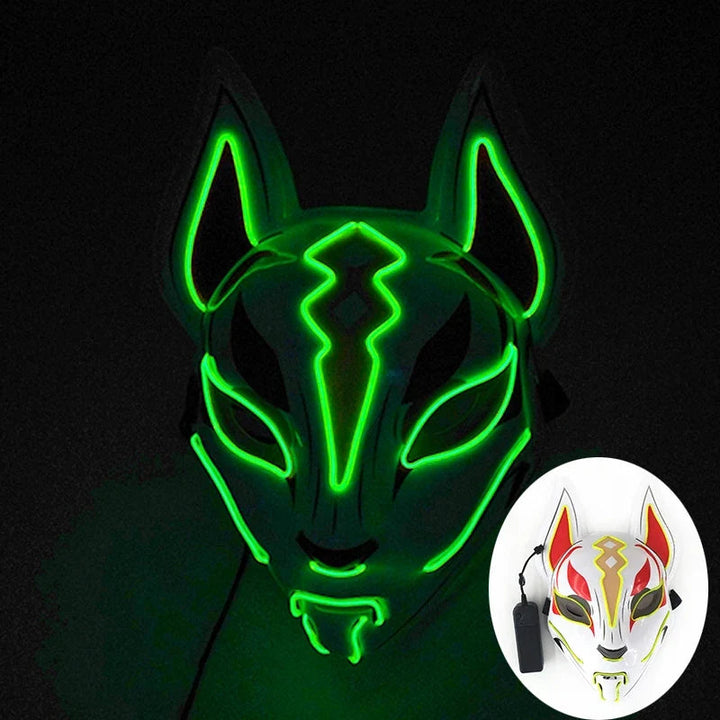 Sea Dragon Dreams neon green LED Kitsune fox mask with glowing EL wire detailing for cosplay and festivals