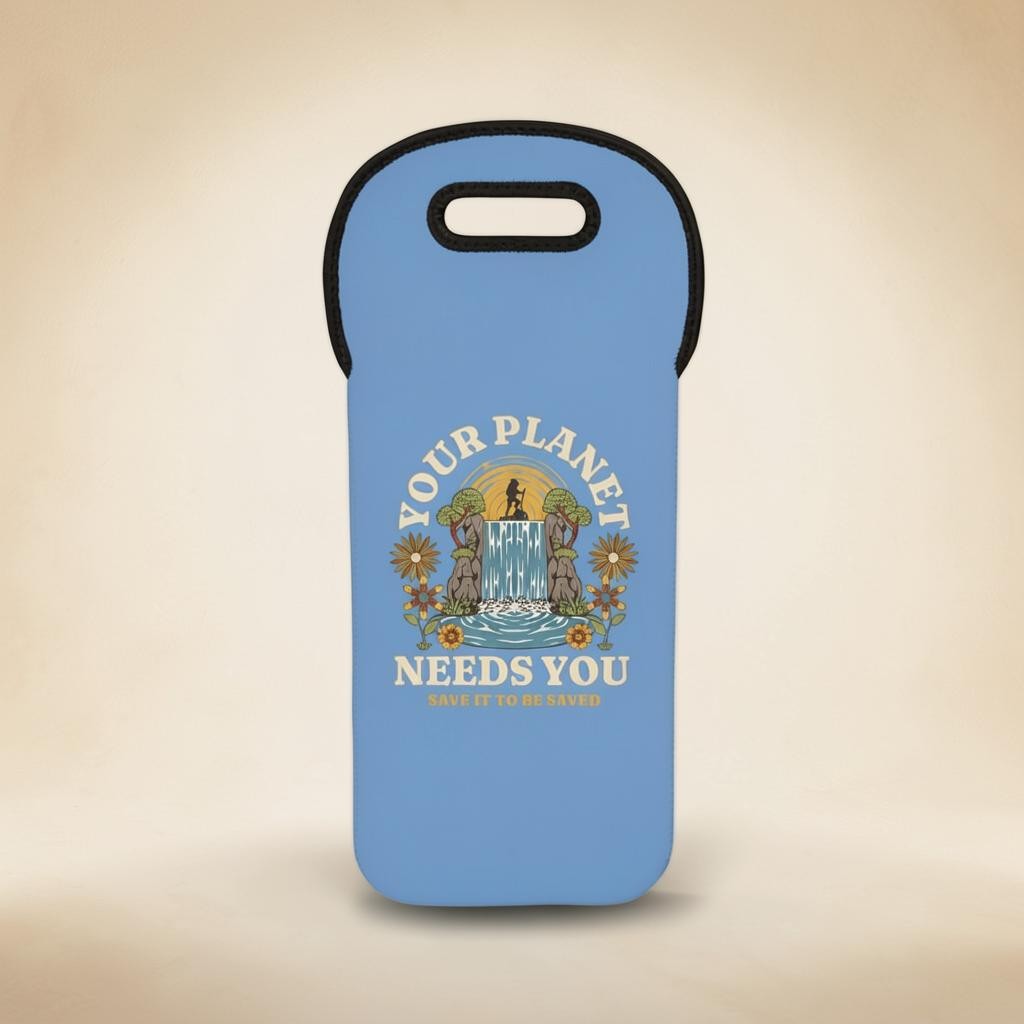 Sea Dragon Dreams reusable neoprene wine tote bag in light blue with a nature-themed Your Planet Needs You graphic.