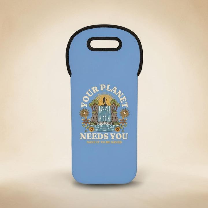 Sea Dragon Dreams reusable neoprene wine tote bag in light blue with a nature-themed Your Planet Needs You graphic.