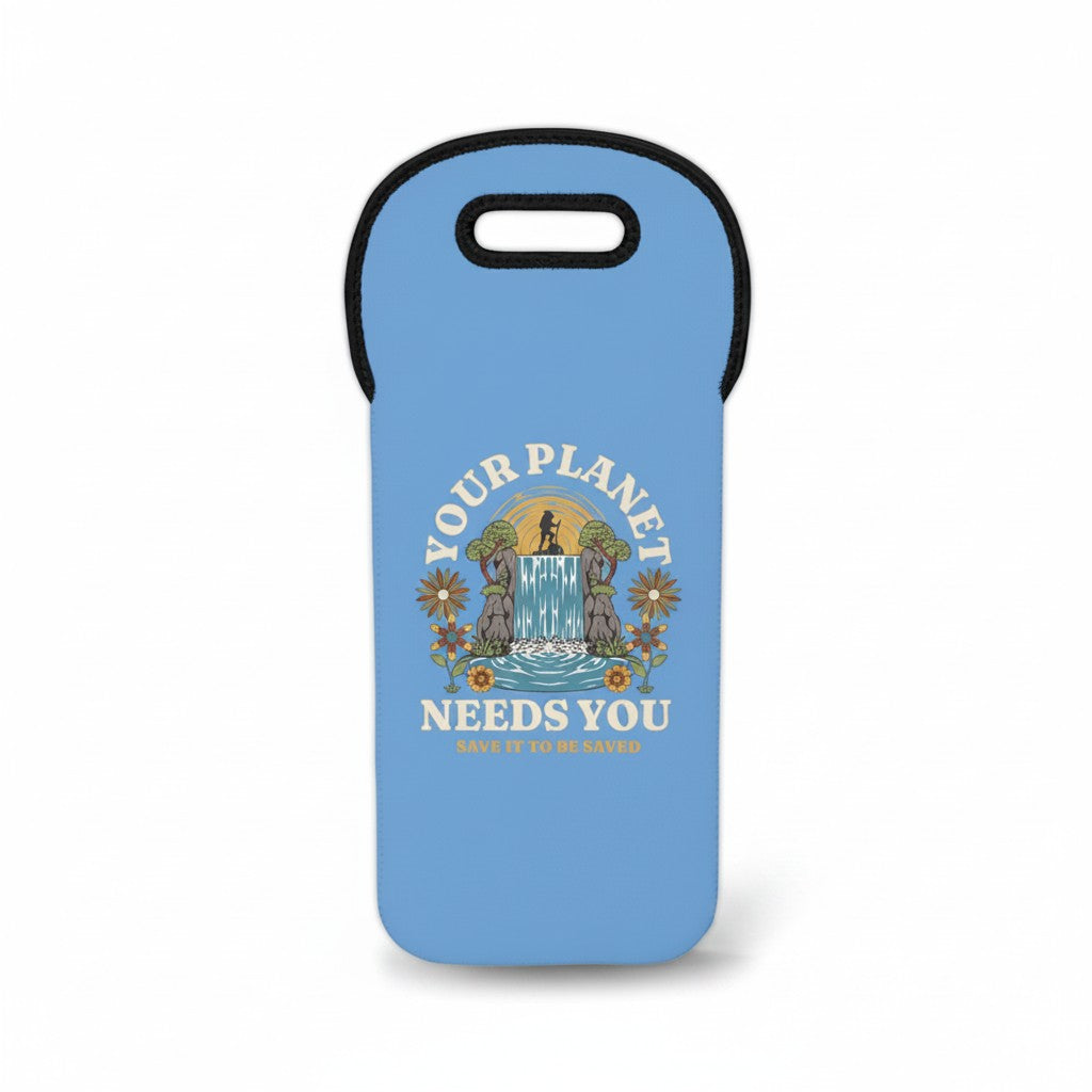 Sea Dragon Dreams reusable neoprene wine tote in light blue featuring a Your Planet Needs You waterfall graphic.