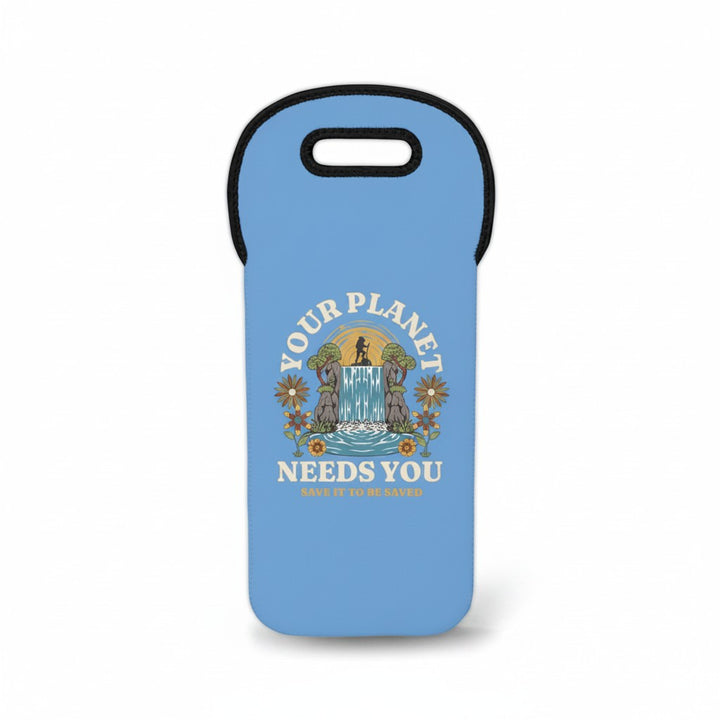 Sea Dragon Dreams reusable neoprene wine tote in light blue featuring a Your Planet Needs You waterfall graphic.