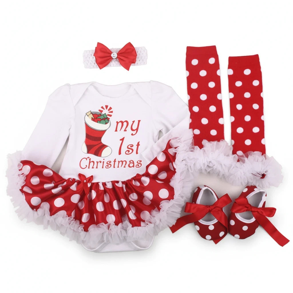 Sea Dragon Dreams 4-piece newborn Christmas outfit with a white romper, red polka-dot tutu, headband, socks, and shoes.