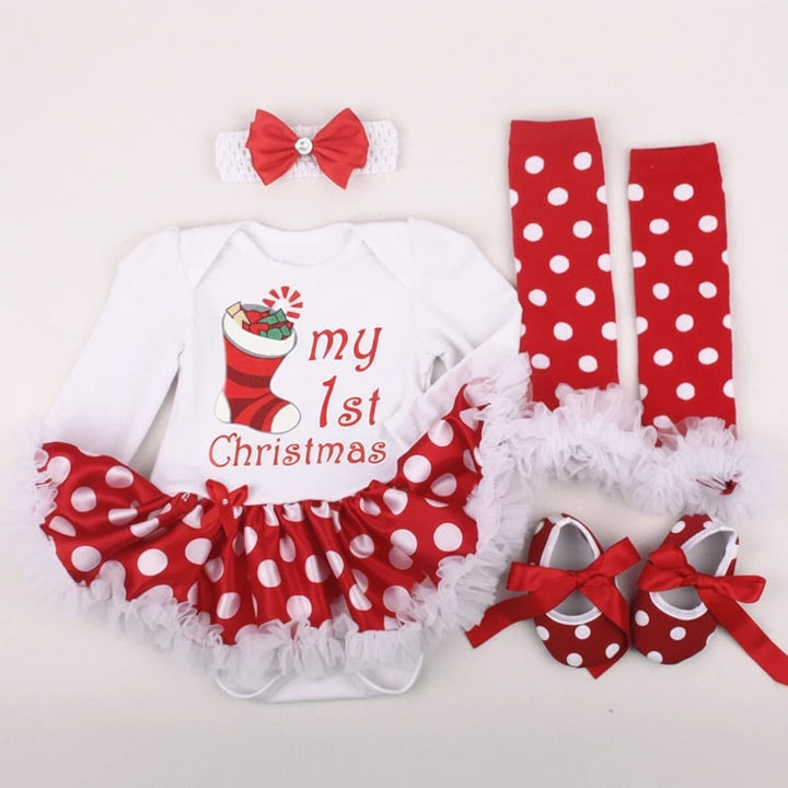 Sea Dragon Dreams 4-piece newborn Christmas outfit with white romper, red polka dot tutu, headband, socks, and shoes.