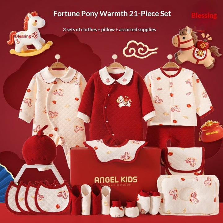 Sea Dragon Dreams 21-piece newborn cotton clothing gift set in red and cream with pony motifs and baby accessories