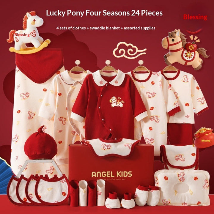 Sea Dragon Dreams newborn 24-piece cotton clothing gift set in red and cream with pony patterns and baby accessories.