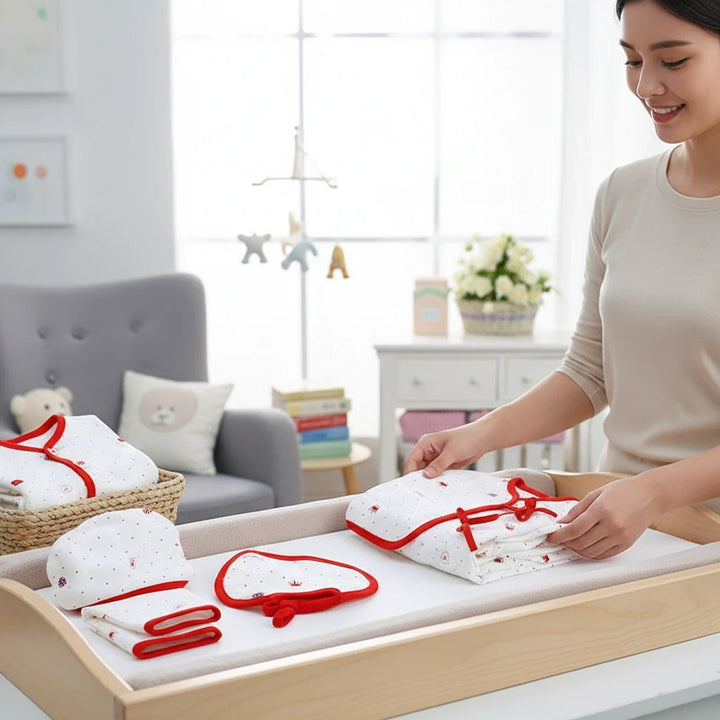 Sea Dragon Dreams newborn baby essentials gift set with white cotton clothes featuring red trim and heart patterns