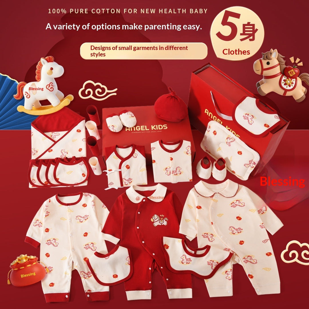 Sea Dragon Dreams newborn cotton clothing gift set featuring red and white long-sleeve baby outfits and accessories.
