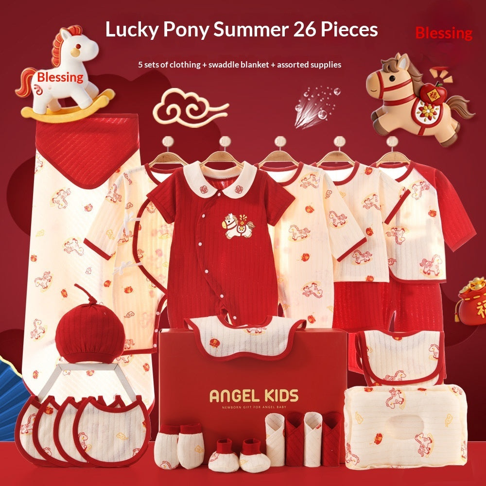 Sea Dragon Dreams 26-piece newborn cotton clothing gift set in red and cream with lucky pony patterns.