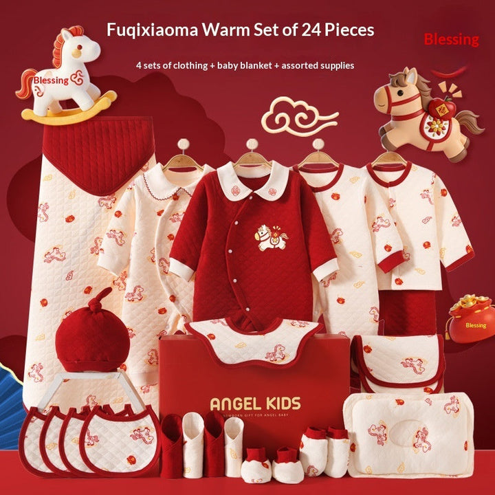 Sea Dragon Dreams 24-piece newborn cotton clothing gift set in red and cream with festive horse patterns