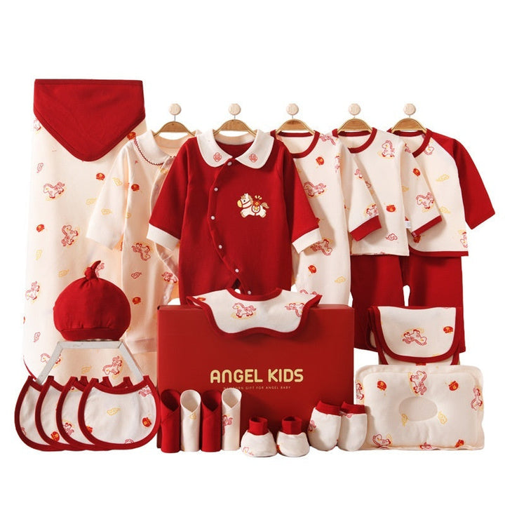 Sea Dragon Dreams newborn baby cotton clothing gift set in red and cream with cartoon prints and matching accessories