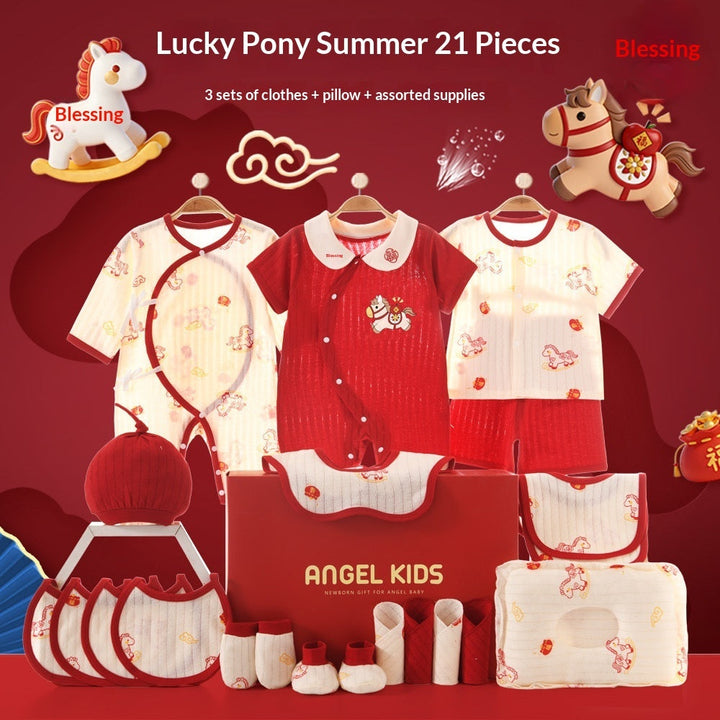 Sea Dragon Dreams 21-piece newborn cotton clothing gift set featuring red and cream pony-themed baby outfits and accessories