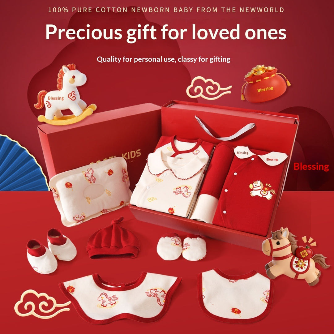 Sea Dragon Dreams newborn cotton clothing gift set in red and white with horse motifs, including bibs, hat, and booties.