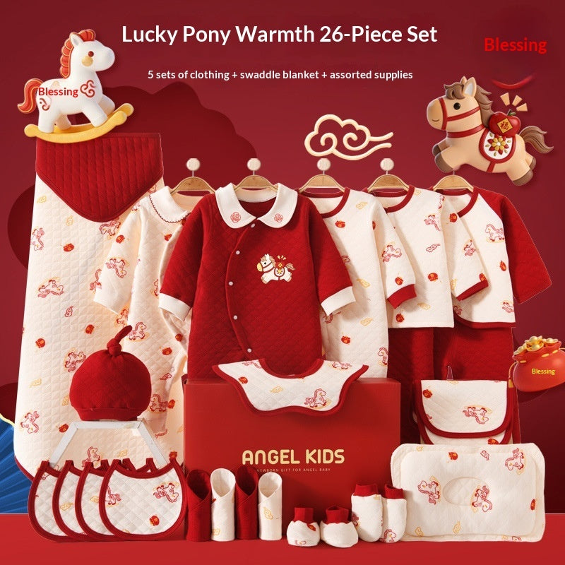 Sea Dragon Dreams newborn 26-piece cotton clothing gift set in red and white with pony patterns and baby accessories