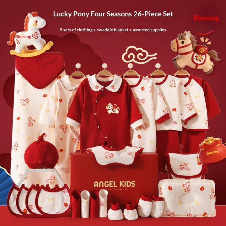 Sea Dragon Dreams 26-piece newborn cotton clothing gift set with red and white pony-themed baby essentials
