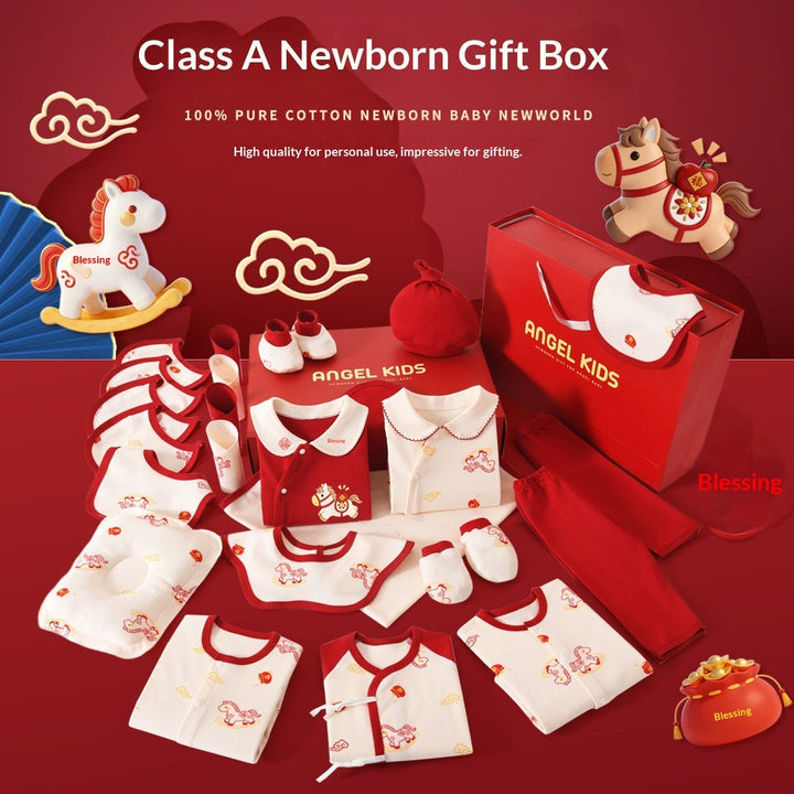 Sea Dragon Dreams newborn cotton gift set featuring red and white long-sleeve baby clothes with horse motifs