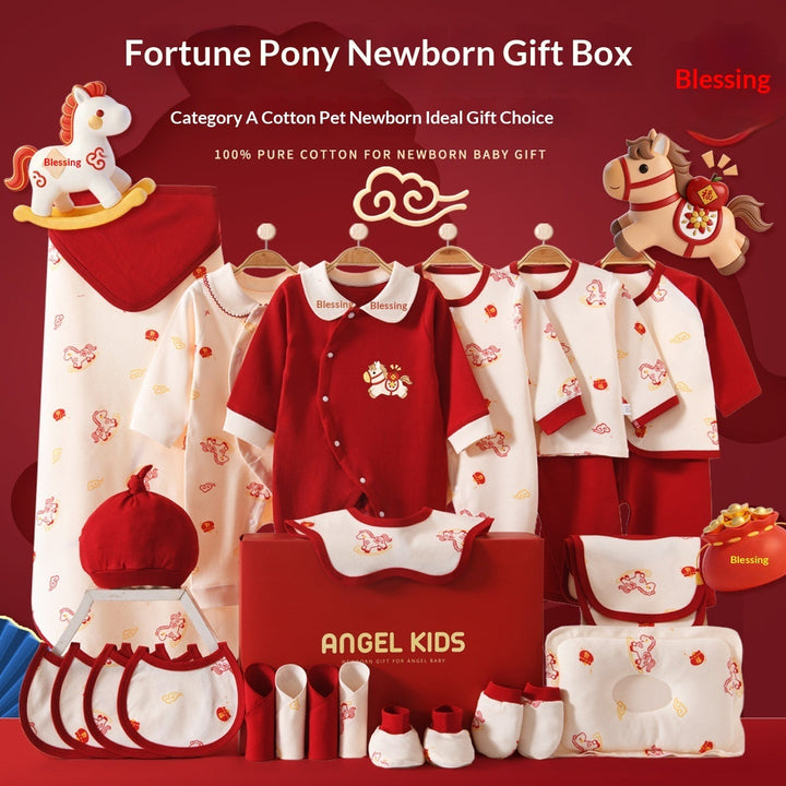 Sea Dragon Dreams newborn cotton gift set featuring red and white pony-themed clothing, bibs, hat, and accessories.